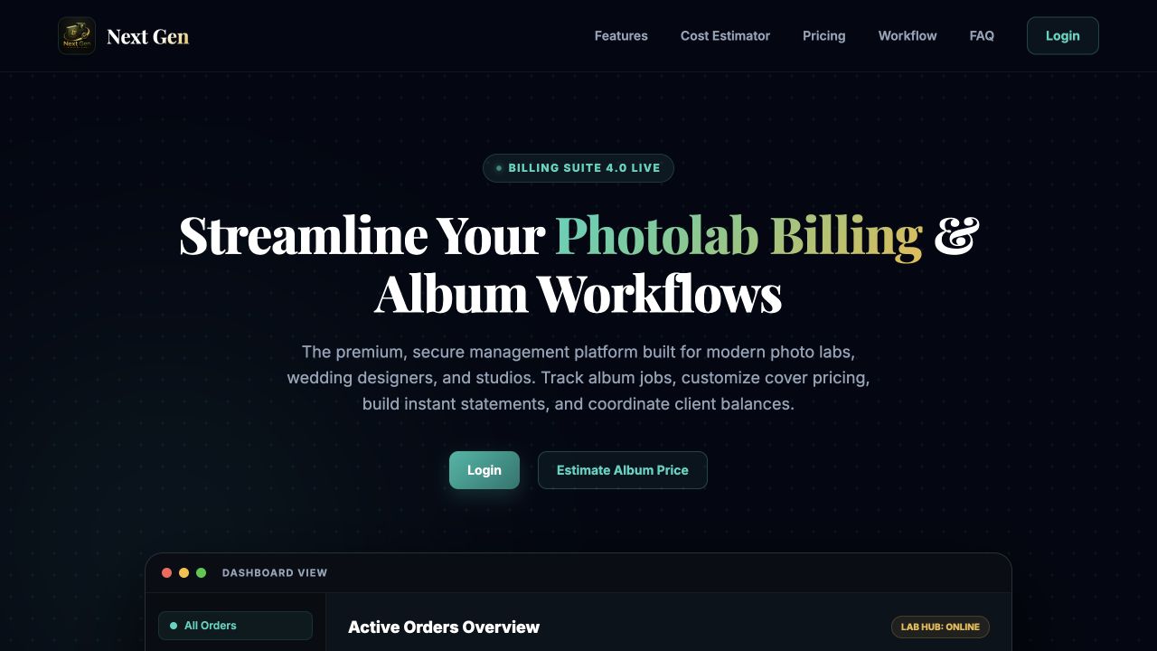 Actual Next Gen Album Billing website — homepage preview