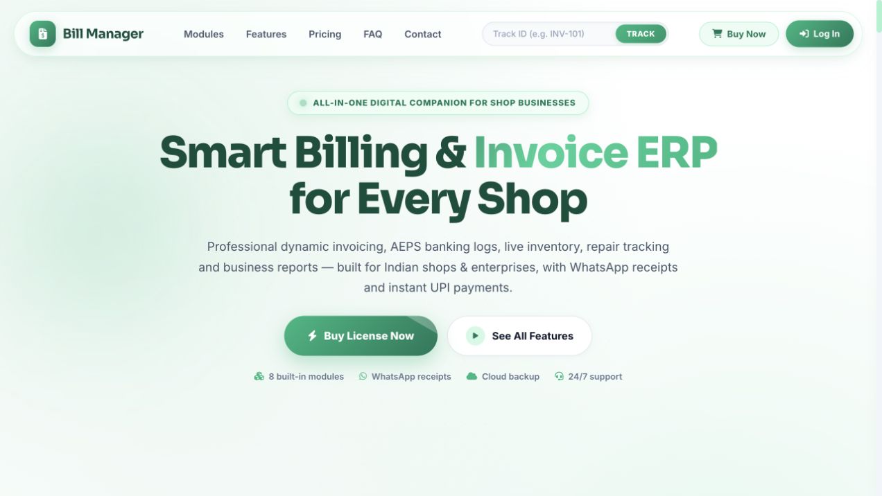 Actual Bill Manager website — homepage preview
